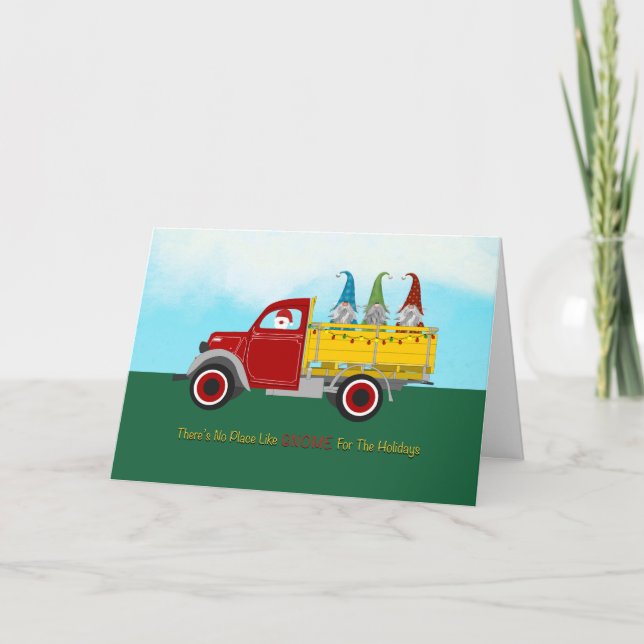 Christmas Santa and Gnomes in Red and Yellow Car Holiday Card (Front)