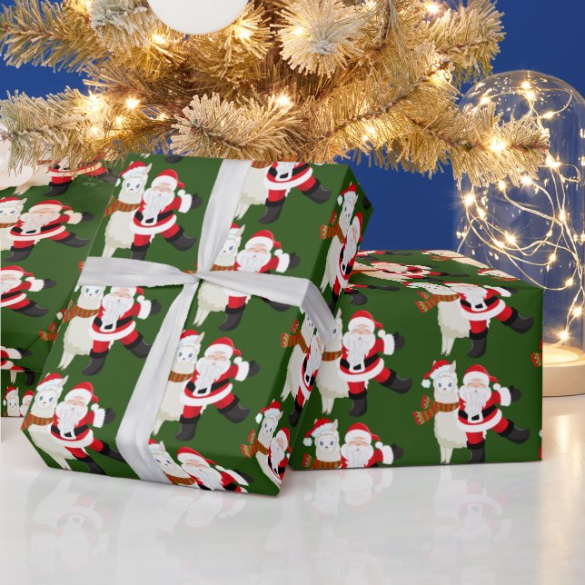 Christmas Santa and llama tiled party wrap Wrapping Paper (Holidays)