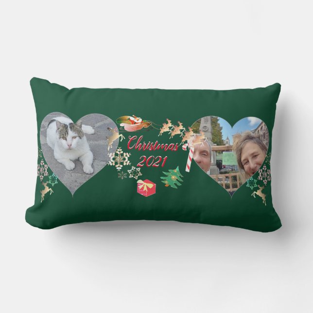 Christmas Santa and Reindeer 2 Photos Greeting Lumbar Cushion (Front)