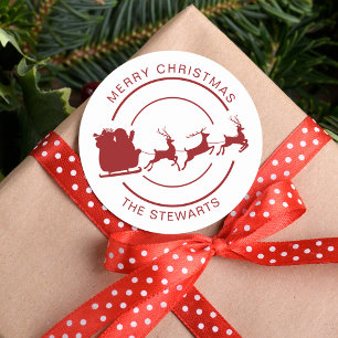 Christmas Santa and Reindeer Family Name Custom Classic Round Sticker