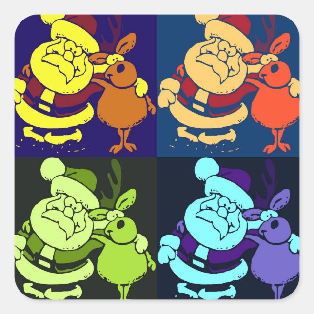 Christmas Santa and Reindeer Pop Art Square Sticker (Front)