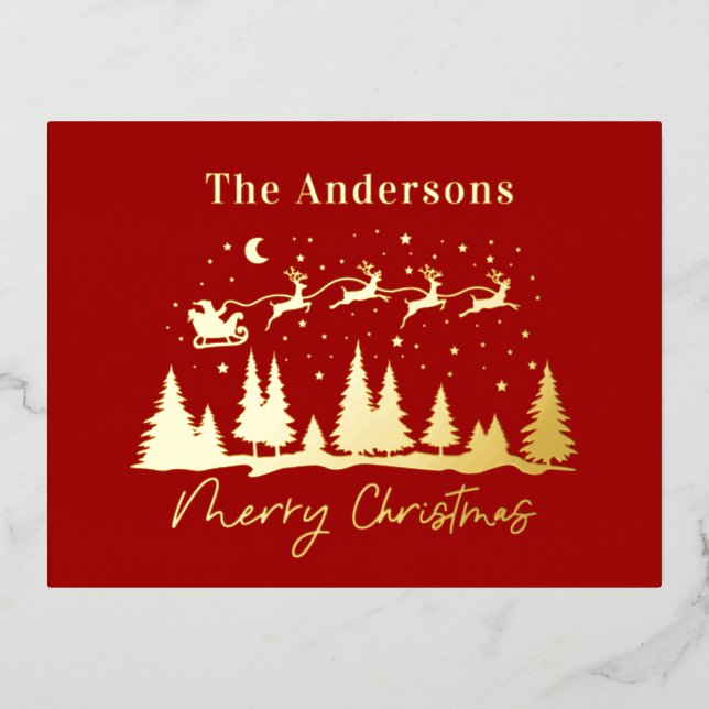 Christmas santa and reindeer sleigh   foil holiday postcard (Front)