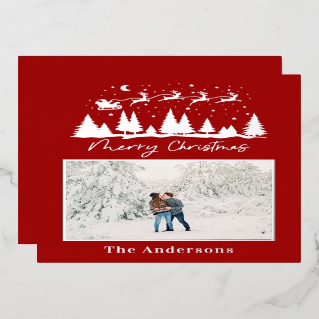 Christmas santa and reindeer sleigh photo foil holiday card (Front/Back)