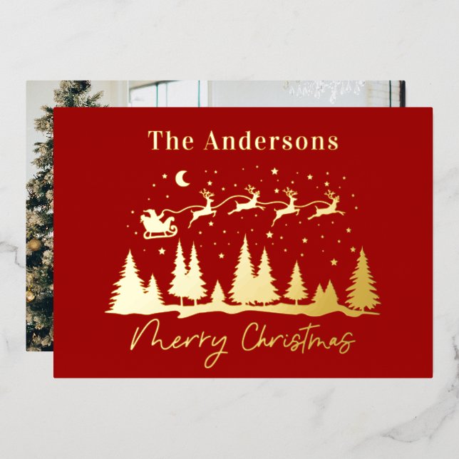 Christmas santa and reindeer sleigh photo foil holiday card (Front/Back)