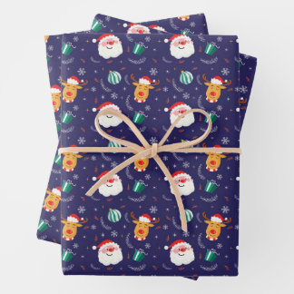 Christmas Santa And Reindeers Blue Gift Wrapping Paper Sheet