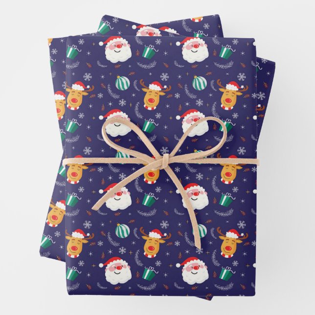 Christmas Santa And Reindeers Blue Gift Wrapping Paper Sheet (In situ)