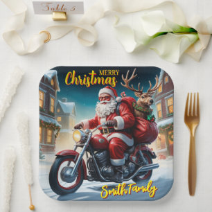 Christmas Santa And Rudolph Reindeer Motorcycle Paper Plate