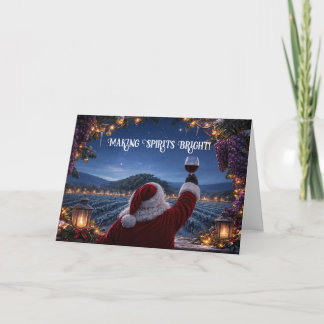 Christmas Santa and Wine Making Spirits Bright Holiday Card