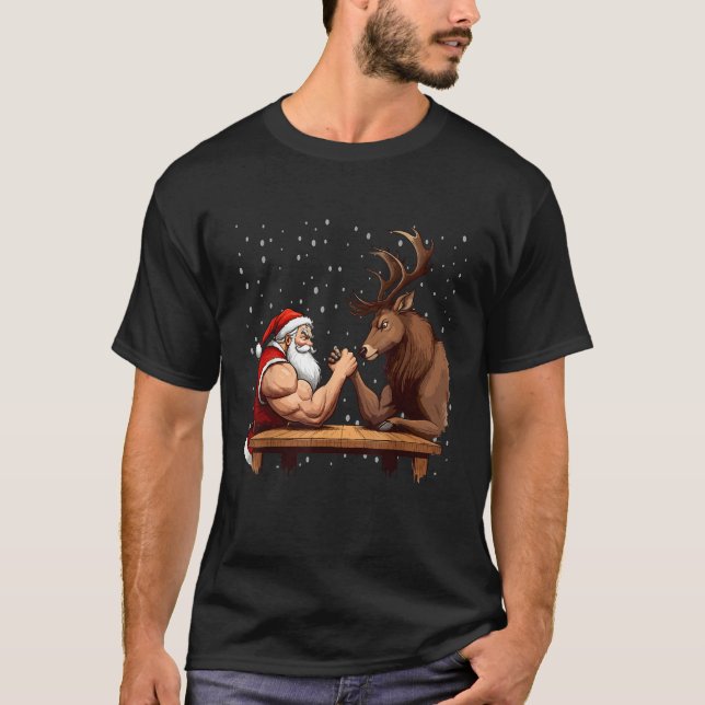 Christmas Santa Arm Wrestling Reindeer Christmas S T-Shirt (Front)