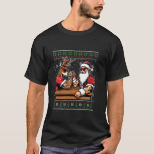 Christmas Santa Arm Wrestling Reindeer Ugly Christ T-Shirt