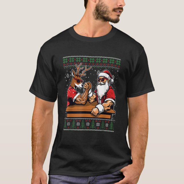 Christmas Santa Arm Wrestling Reindeer Ugly Christ T-Shirt (Front)