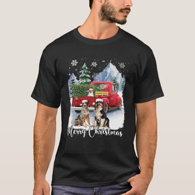 Christmas Santa Australian Shepherd Red Truck Xmas T-Shirt (Front)