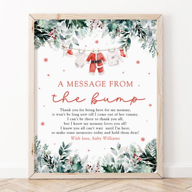 Christmas Santa Baby A Message From The Bump Sign (Watercolor Christmas Santa Baby A Message From The Bump Baby Shower Sign)