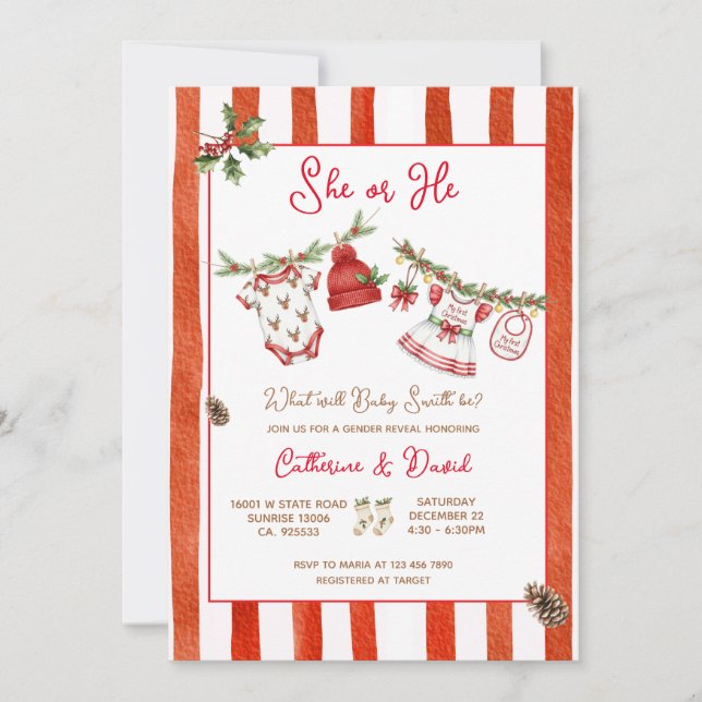 Christmas Santa Baby Clothesline Gender Reveal  Invitation (Front)