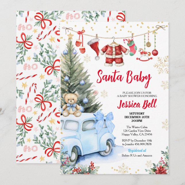 Christmas Santa Baby Shower Boy Blue Retro Car Invitation (Front/Back)