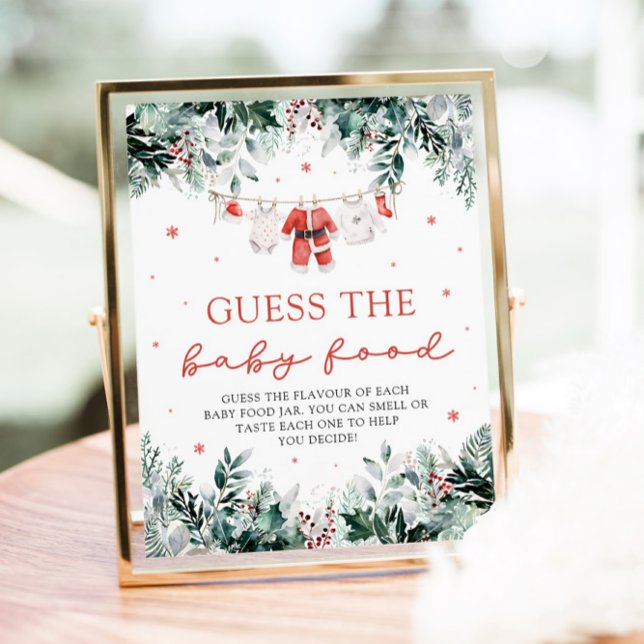 Christmas Santa Baby Shower Guess the Baby Food Poster (Watercolor Christmas Santa Baby Shower Guess the Baby Food Game Sign)