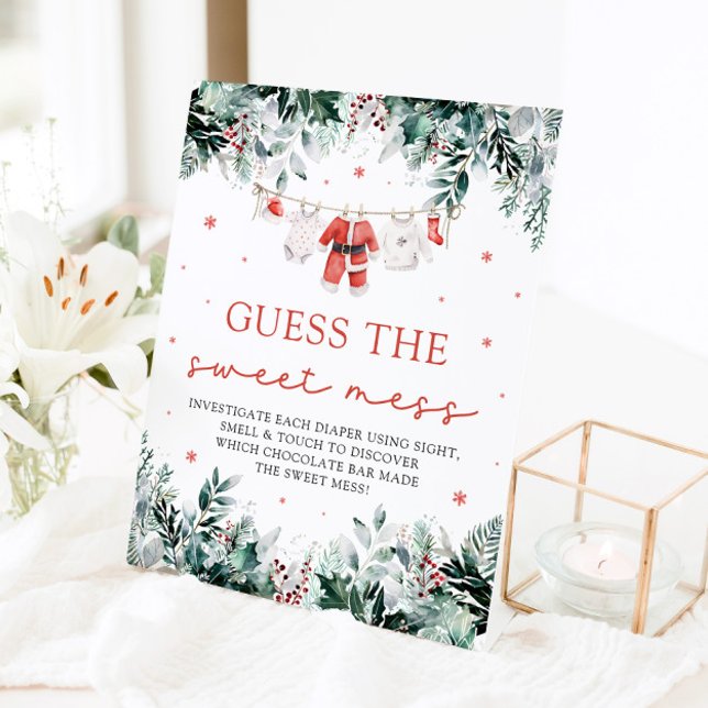 Christmas Santa Baby Shower Guess the Sweet Mess Pedestal Sign (Watercolor Christmas Santa Baby Shower Guess the Sweet Mess Pedestal Sign)