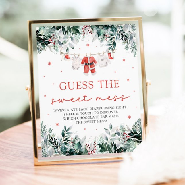 Christmas Santa Baby Shower Guess the Sweet Mess Poster (Watercolor Christmas Santa Baby Shower Guess the Sweet Mess Game Sign)