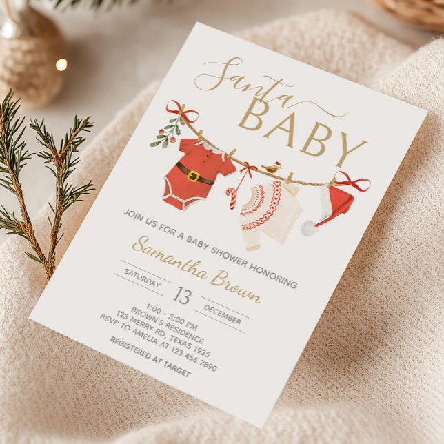 Christmas Santa Baby Shower Invitation (Santa Baby Clothesline Christmas Baby Shower Invitation)