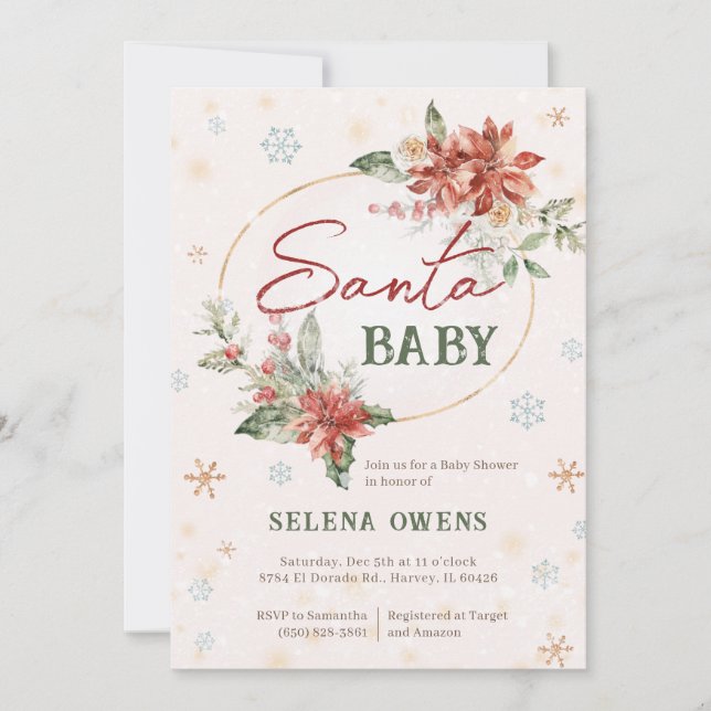 Christmas Santa Baby Shower Poinsettia Red Gold Invitation (Front)