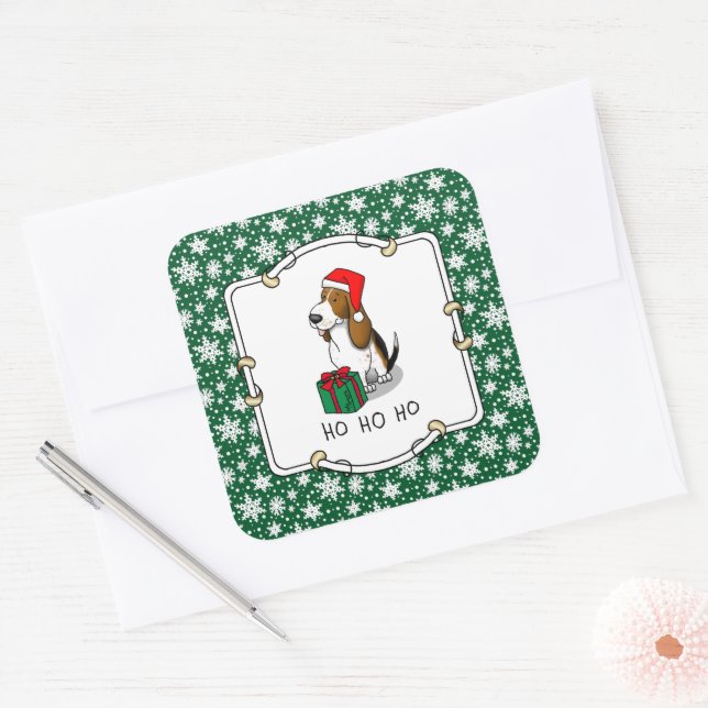 Christmas Santa Basset Hound (tri colour 1) Cute Square Sticker (Envelope)