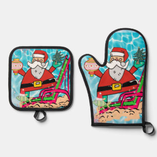 Christmas Santa Beach Bum Oven Mitt & Pot Holders  Oven Mitt & Pot Holder Set