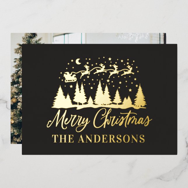 Christmas santa black elegant traditional photo foil holiday card (Front/Back)