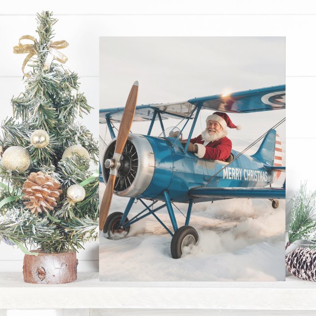 Christmas Santa Blue Biplane Aeroplane &Photo Funn Postcard (Creator Uploaded)