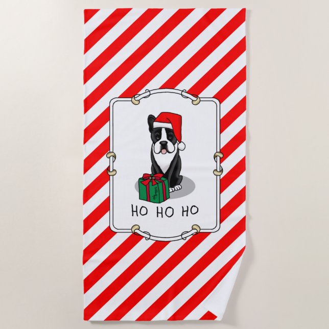 Christmas Santa Boston Terrier (black) Cute Beach Towel (Front)