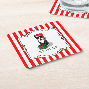 Christmas Santa Boston Terrier (black) Cute Square Paper Coaster