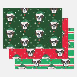 Christmas Santa Boxer Dog Snowflake Wrapping Paper Sheet
