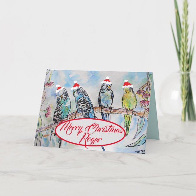 Christmas Santa Budgies Budgie Funny Bird Card (Front)