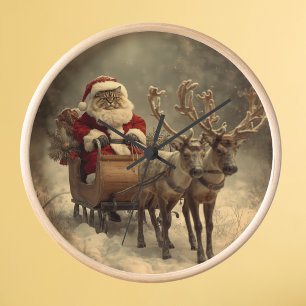 Christmas Santa Cat Vintage Retro Winter Reindeer Clock