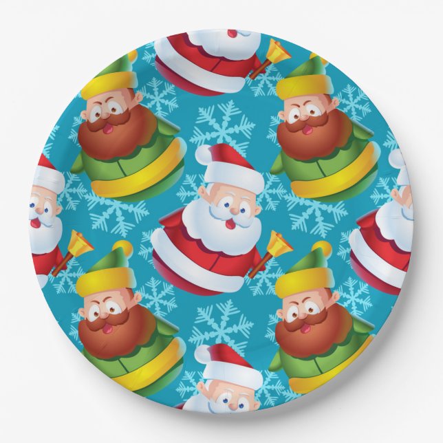 Christmas Santa Claus and Friend with Snowflake  Paper Plate (Front)