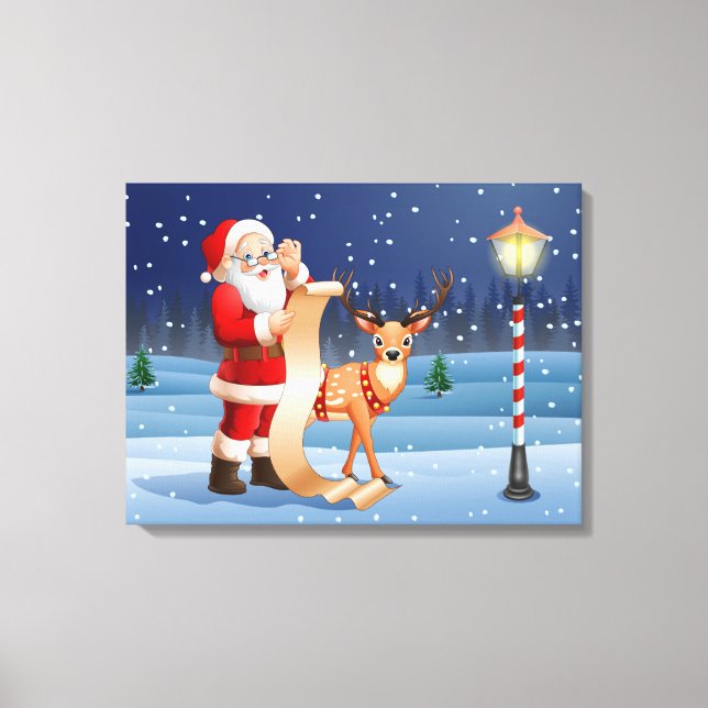 Christmas Santa Claus And Reindeer Canvas Print (Front)