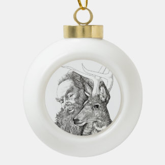 Christmas Santa Claus and Reindeer Ceramic Ball Christmas Ornament