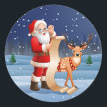 Christmas Santa Claus And Reindeer Classic Round Sticker<br><div class="desc">This design features Santa Claus checking his list with his reindeer in a winter wonderland.
#christmas #santa #snow #winter</div>