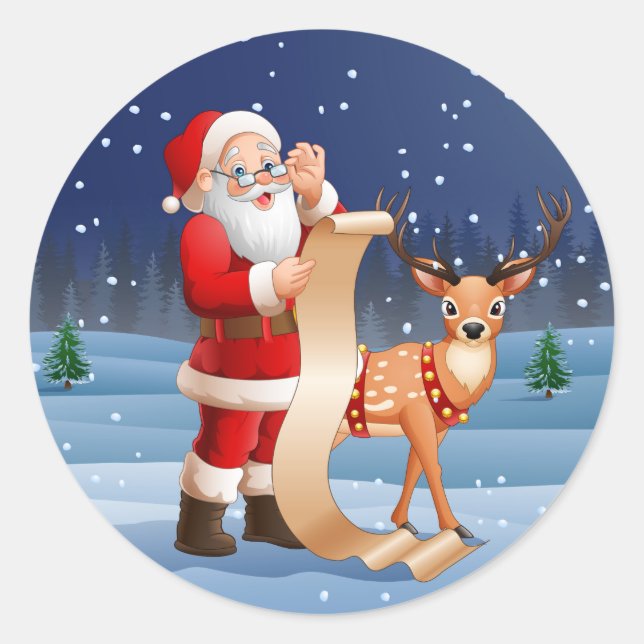 Christmas Santa Claus And Reindeer Classic Round Sticker (Front)