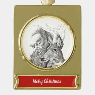 Christmas Santa Claus and Reindeer Gold Plated Banner Ornament