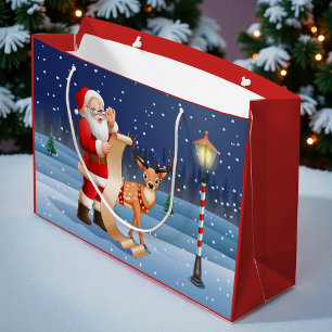 Christmas Santa Claus And Reindeer Large Gift Bag