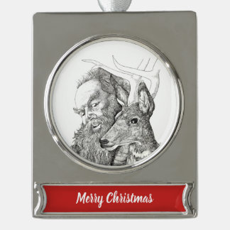 Christmas Santa Claus and Reindeer Silver Plated Banner Ornament
