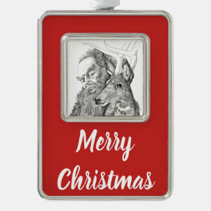 Christmas Santa Claus and Reindeer Silver Plated Framed Ornament