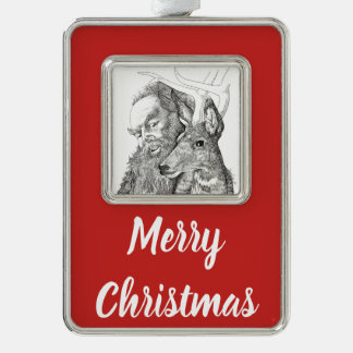 Christmas Santa Claus and Reindeer Silver Plated Framed Ornament