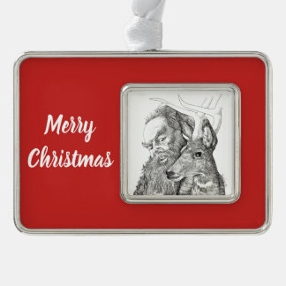 Christmas Santa Claus and Reindeer Silver Plated Framed Ornament
