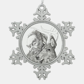 Christmas Santa Claus and Reindeer Snowflake Pewter Christmas Ornament