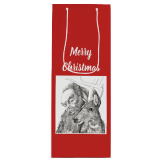 Christmas Santa Claus and Reindeer Wine Gift Bag