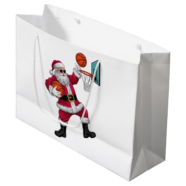 Christmas Santa Claus Dunking A Basketball Xmas Large Gift Bag (Front Angled)