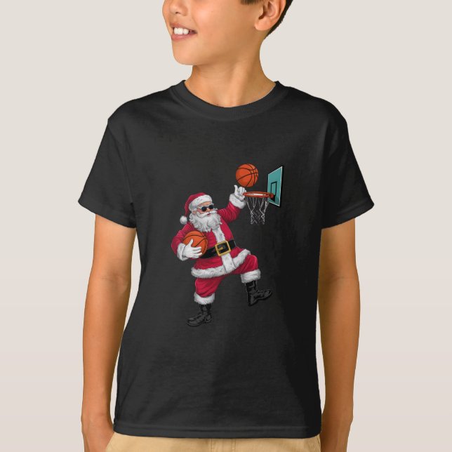 Christmas Santa Claus Dunking A Basketball Xmas T-Shirt (Front)