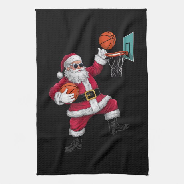 Christmas Santa Claus Dunking A Basketball Xmas Tea Towel (Vertical)