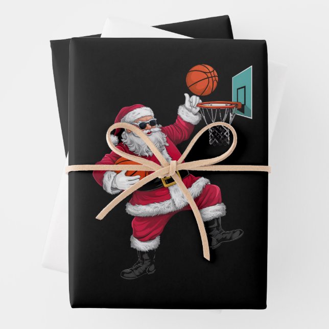 Christmas Santa Claus Dunking A Basketball Xmas Wrapping Paper Sheet (In situ)
